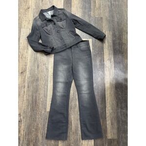 WHBM Gray Denim Set Jacket Size M Flare Jeans Size 10 Faded Wash 2 Piece Suit